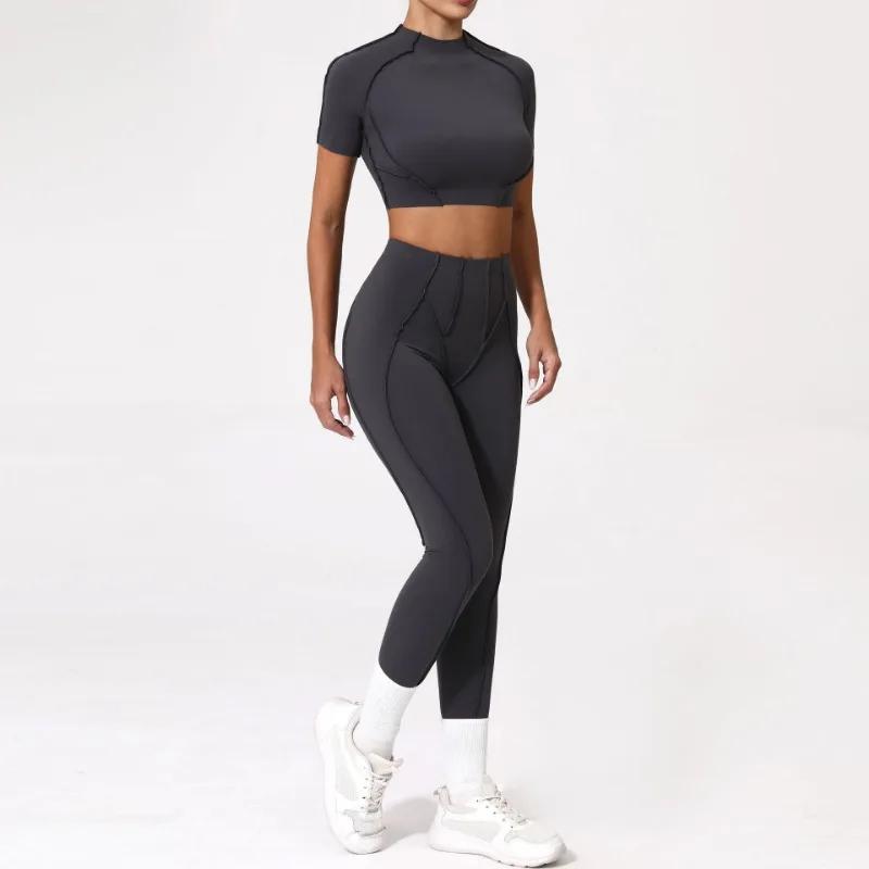 Combinaison yoga fitness femme - Haut manches courtes moulant pantalon levage hanches ensemble sport