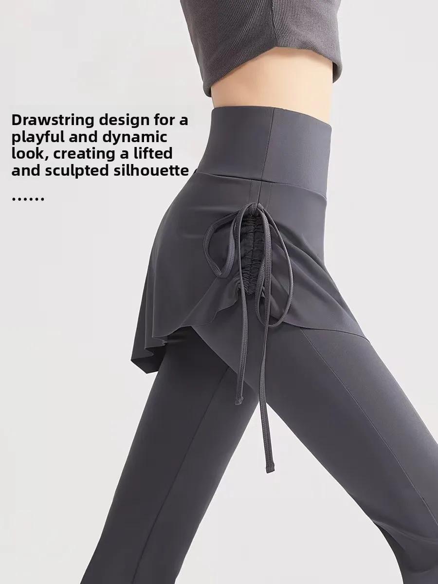 DFCF Pantalon de yoga évasé taille haute pour femme avec jupe superposée deux-en-un, détails à pompo