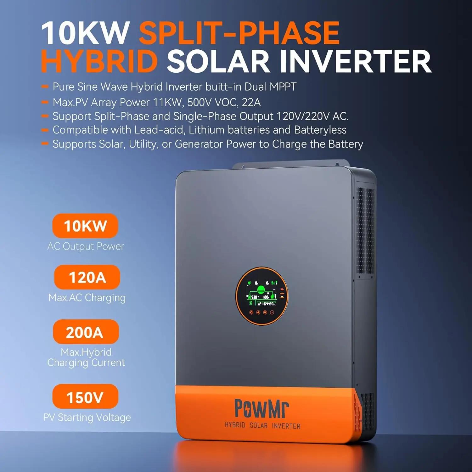 Convertisseur solaire hybride PowMr 10KW à phase fractionnée 48V 110V 220V, double MPPT, double sort