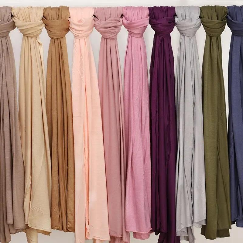 Foulard Hijab en Jersey de coton Modal, Long châle musulman, Turban uni et doux, couvre-chef pour fe