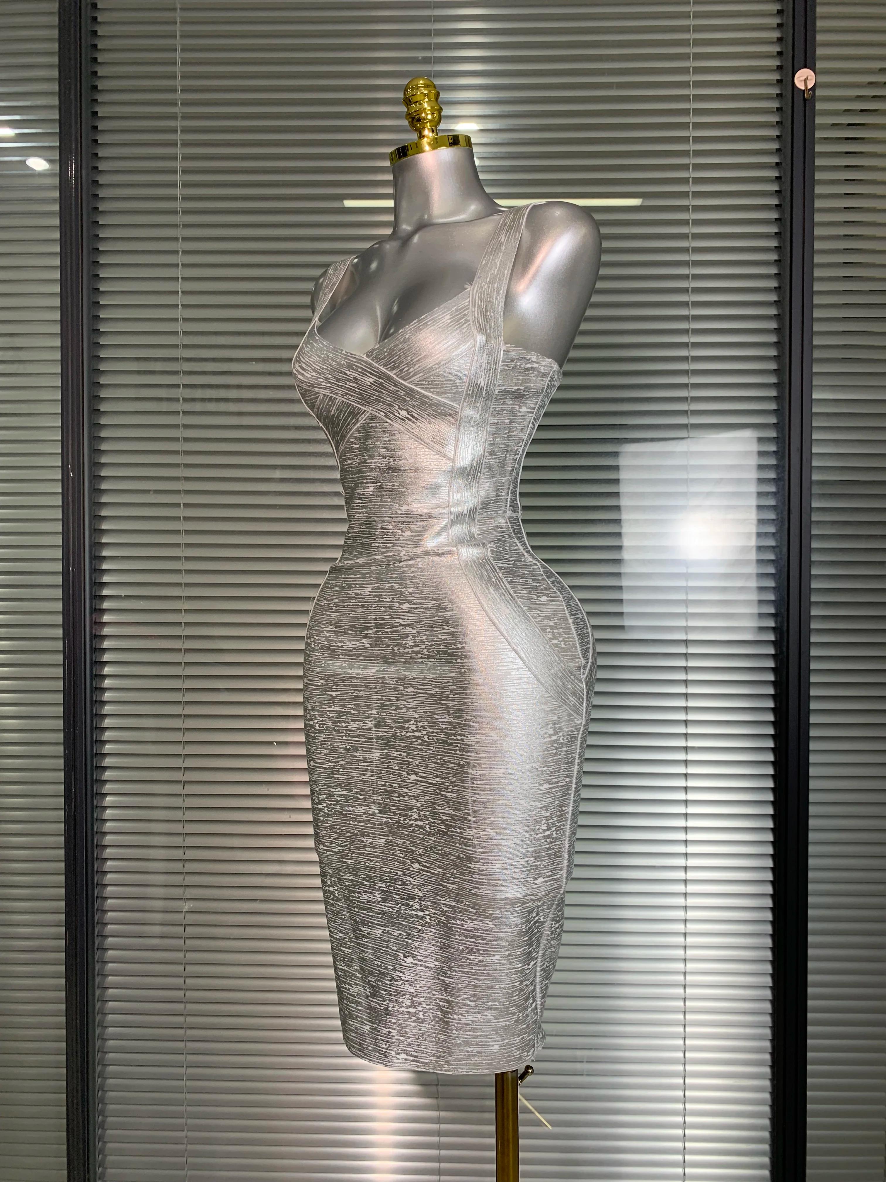 Robe à bandes moulante pour femmes, flambant neuf, Sexy, bronzante, argent, célébrité, mode, rue, ro