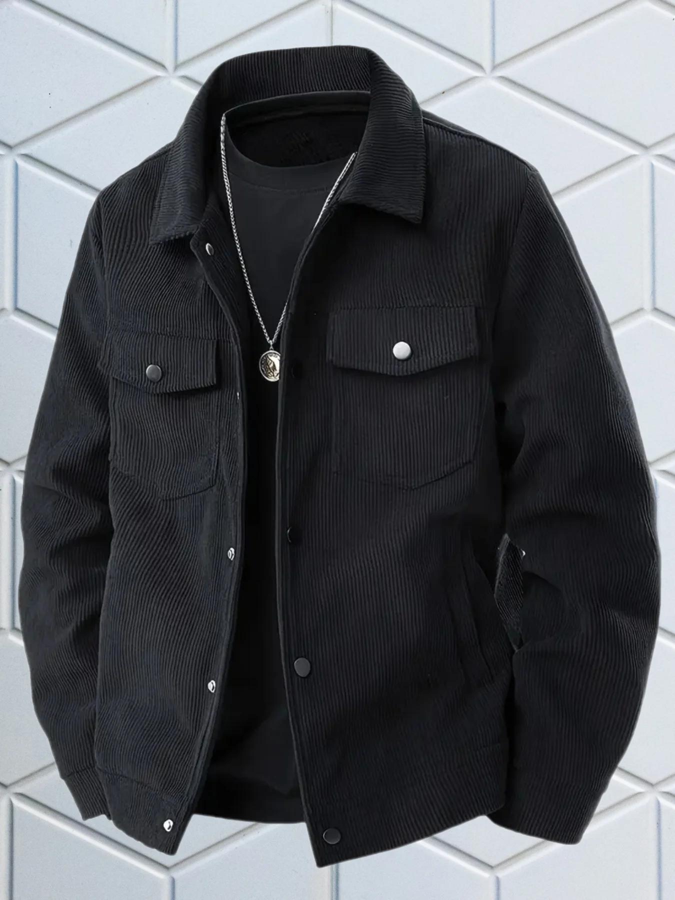 Veste en velours côtelé noir décontractée pour homme, style vintage, manches longues, boutonnée