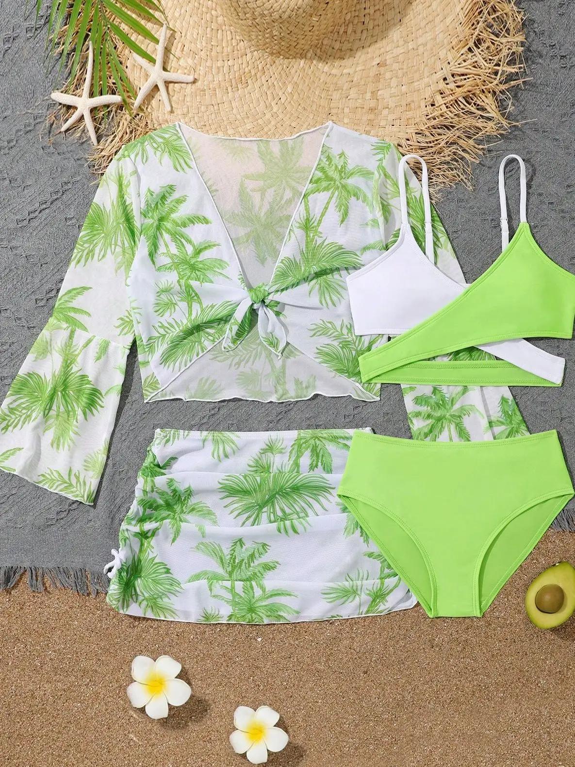 Ensemble 4 pièces haut de bikini et jupe 2026 pour filles, maillot de bain taille haute pour enfants