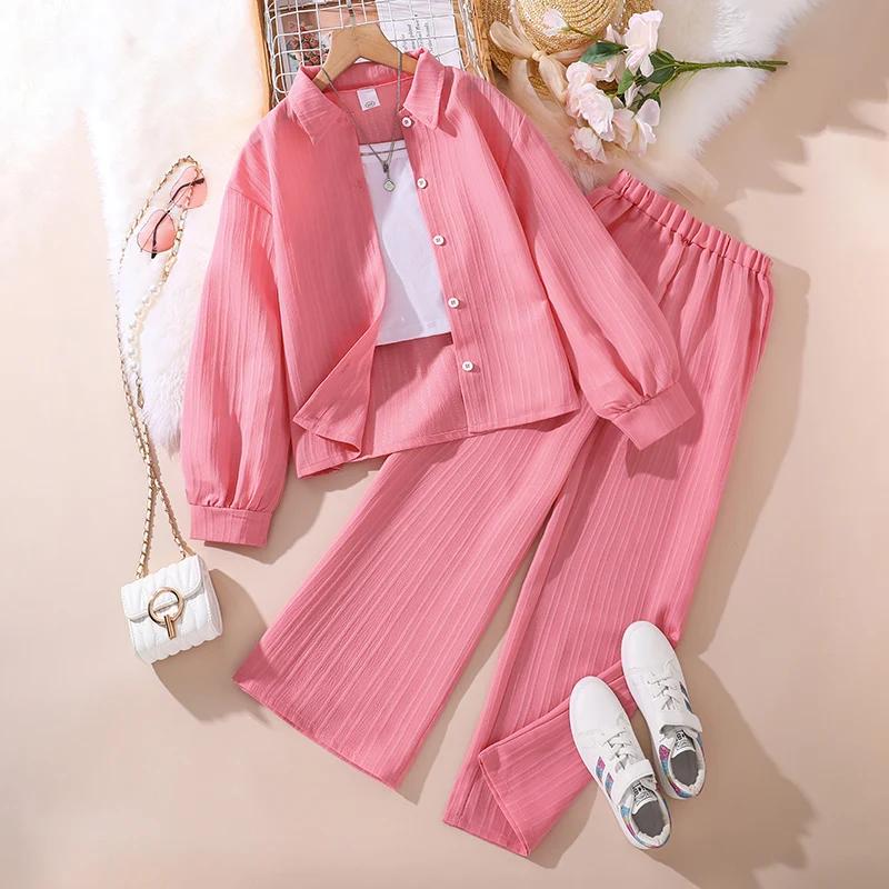 Ensembles pour filles de 4 à 16 ans, chemise, manteau à manches longues + pantalon Long ample et déc