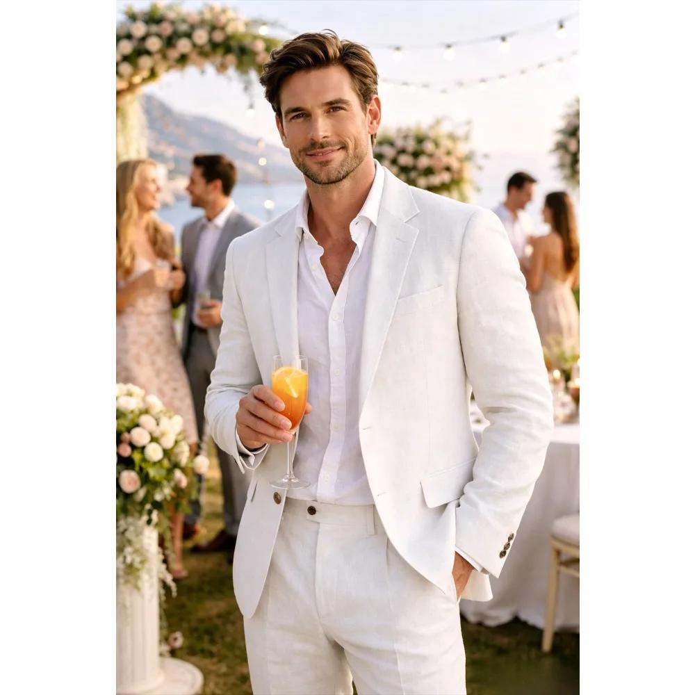 Costume Homme Lin Beige 2 Pièces Léger Été Blazer et Pantalon Coupe Slim pour Bal de Promo Mariage F