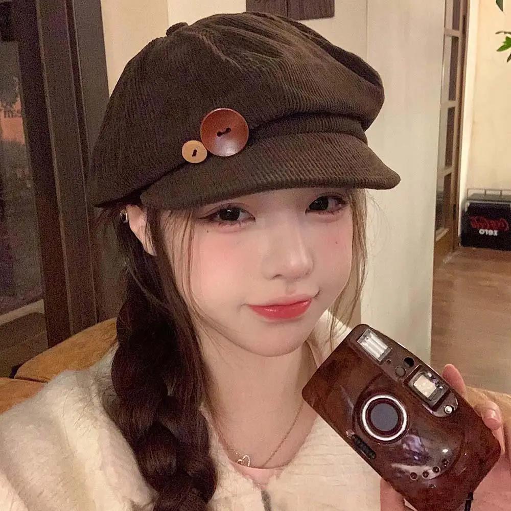 Béret Vintage en velours côtelé pour femmes, casquette octogonale à boutons coréens, chapeaux d'arti