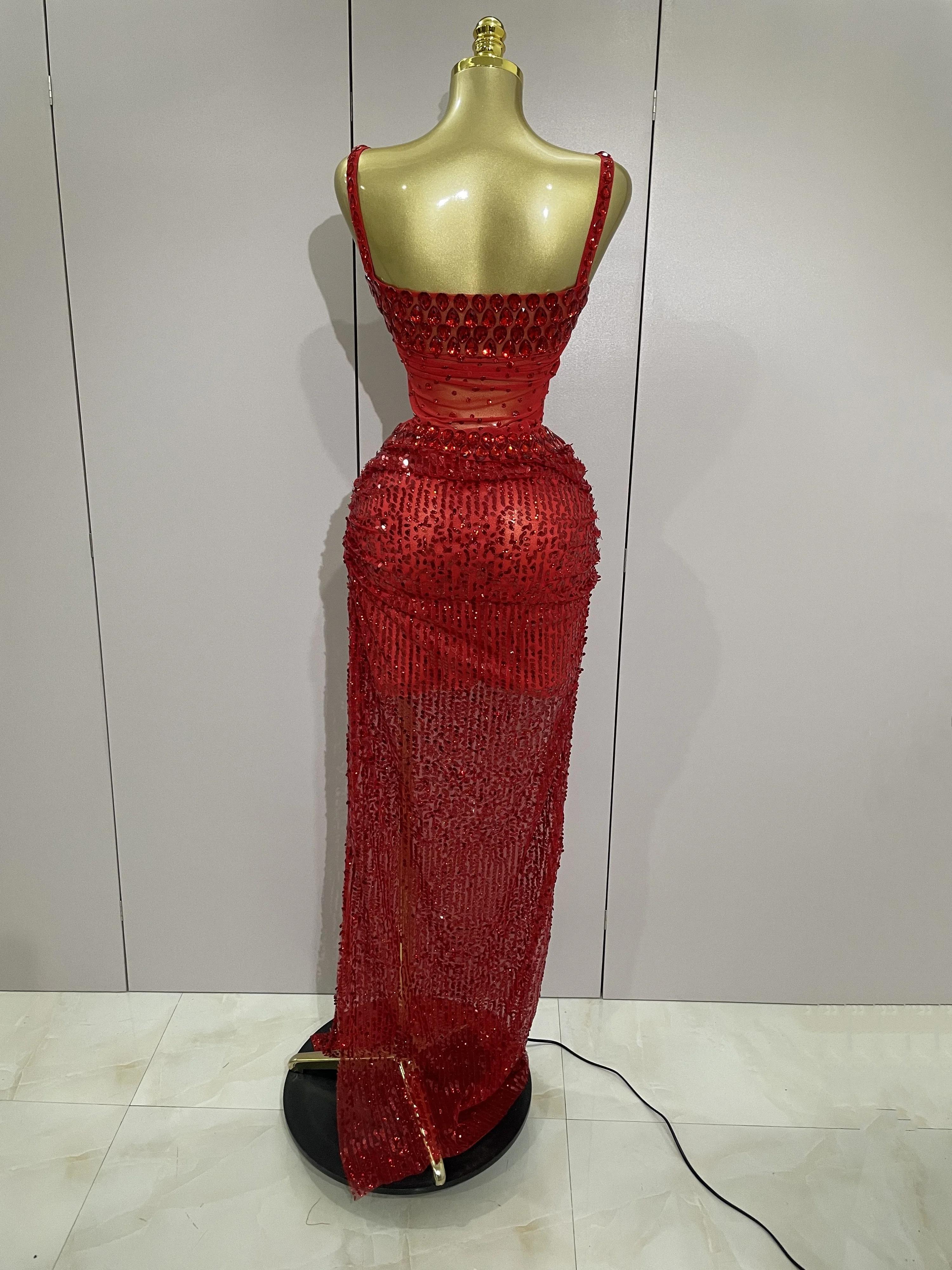 Robe longue 2 pièces transparente et sexy avec strass rouges scintillants et paillettes, pour femmes