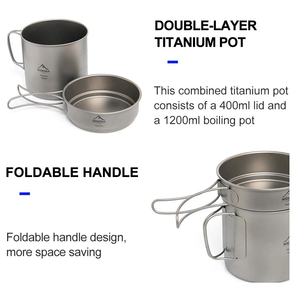 Widesea Camping tasse Portable titane cuisson 1100ML casserole poignées pliantes randonnée en plein