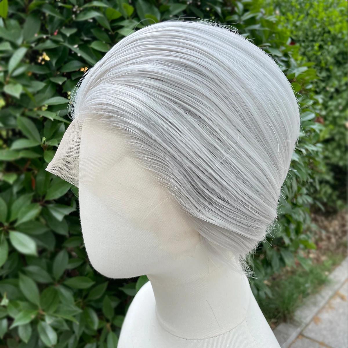 Perruque Lace Front Wig synthétique courte coupe Bob gris argenté, perruques de Cosplay pour hommes