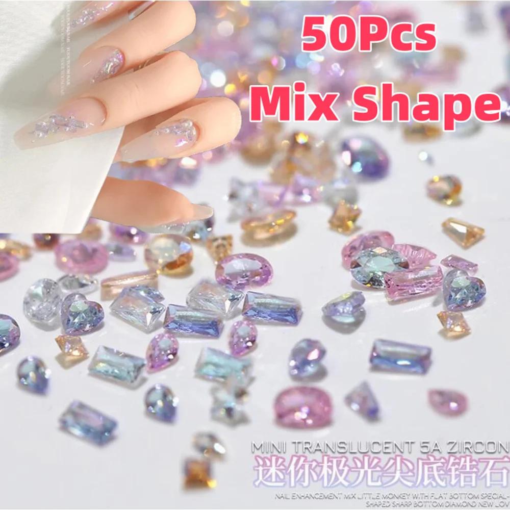 Mini breloques en Zircon pour Nail Art, 50 pièces/sac 5A, mélange de formes scintillantes, fond plat