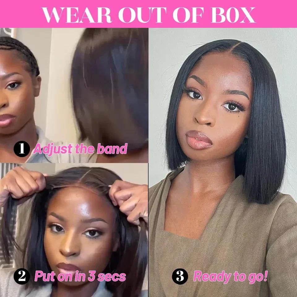Perruque Bob Lace Closure Wig sans colle naturelle, cheveux courts, pre-à-porter, 13x4 HD, 6x4, tran