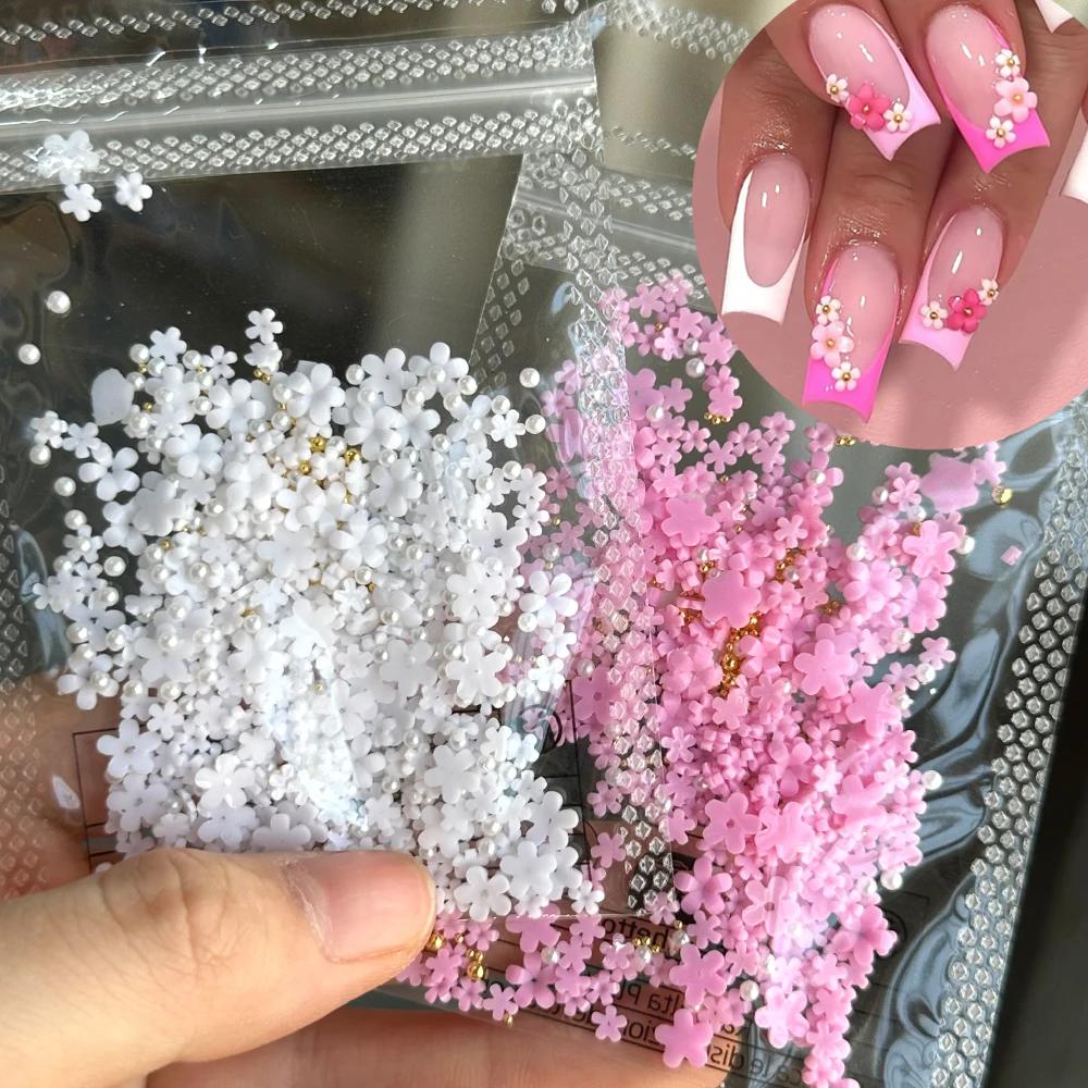 500 pièces + rose blanc 3D acrylique fleurs Nail Art breloques résine cinq pétales fleur ongles stra