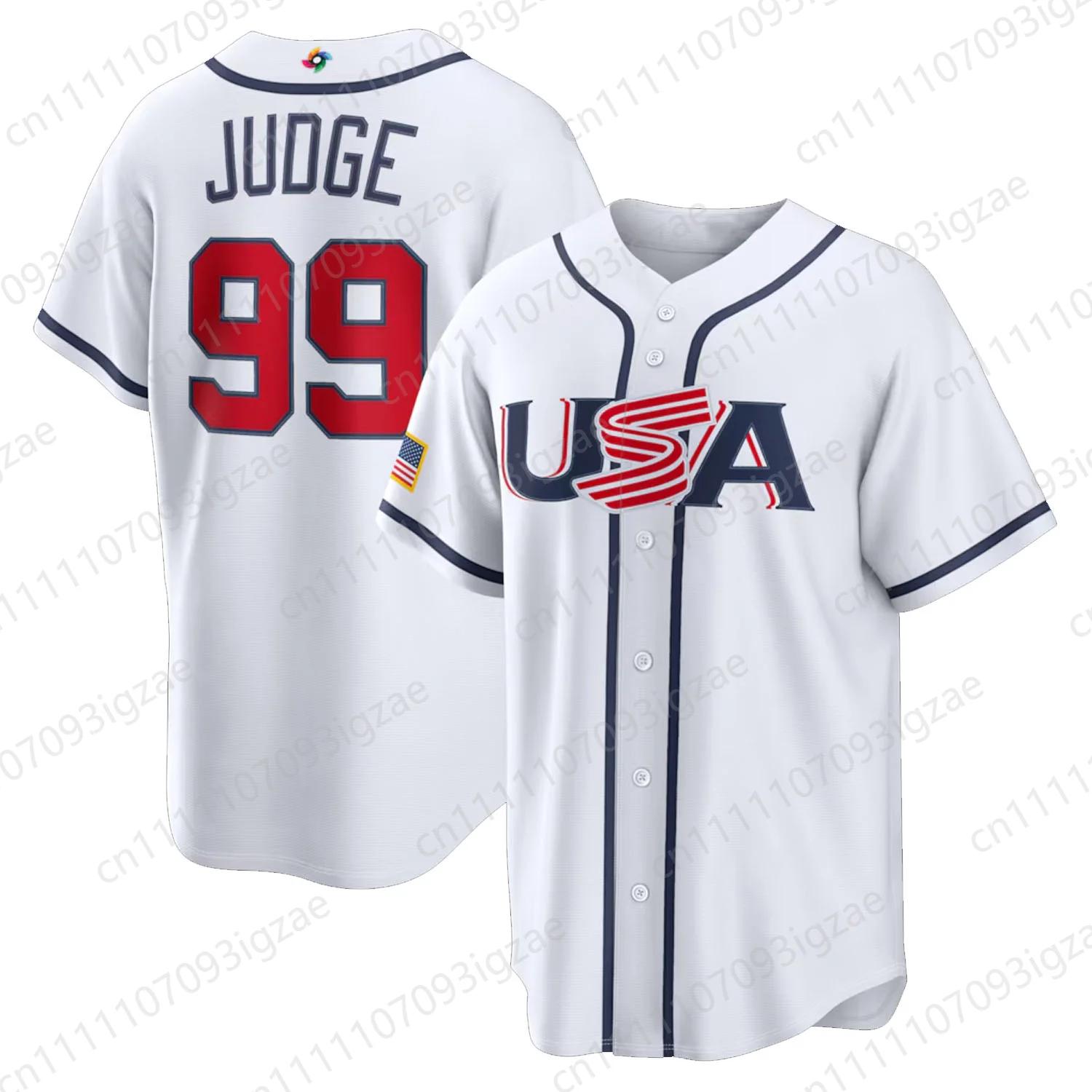 Nouveau Maillot de Baseball Classique Unisexe Équipe USA 2026 Judge 99 Bleu Marine à Boutons pour l'