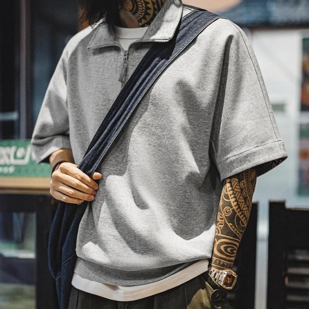 Maden Vintage demi-zip Boro Style à manches courtes Polo hommes été Indigo teint imprimé col ample T
