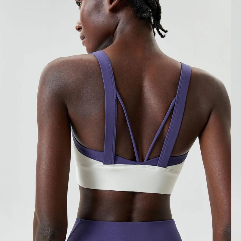 Soutien-gorge de sport pour femme, extensible, doux, sexy, dos croisé, crop top de gym, patchwork te