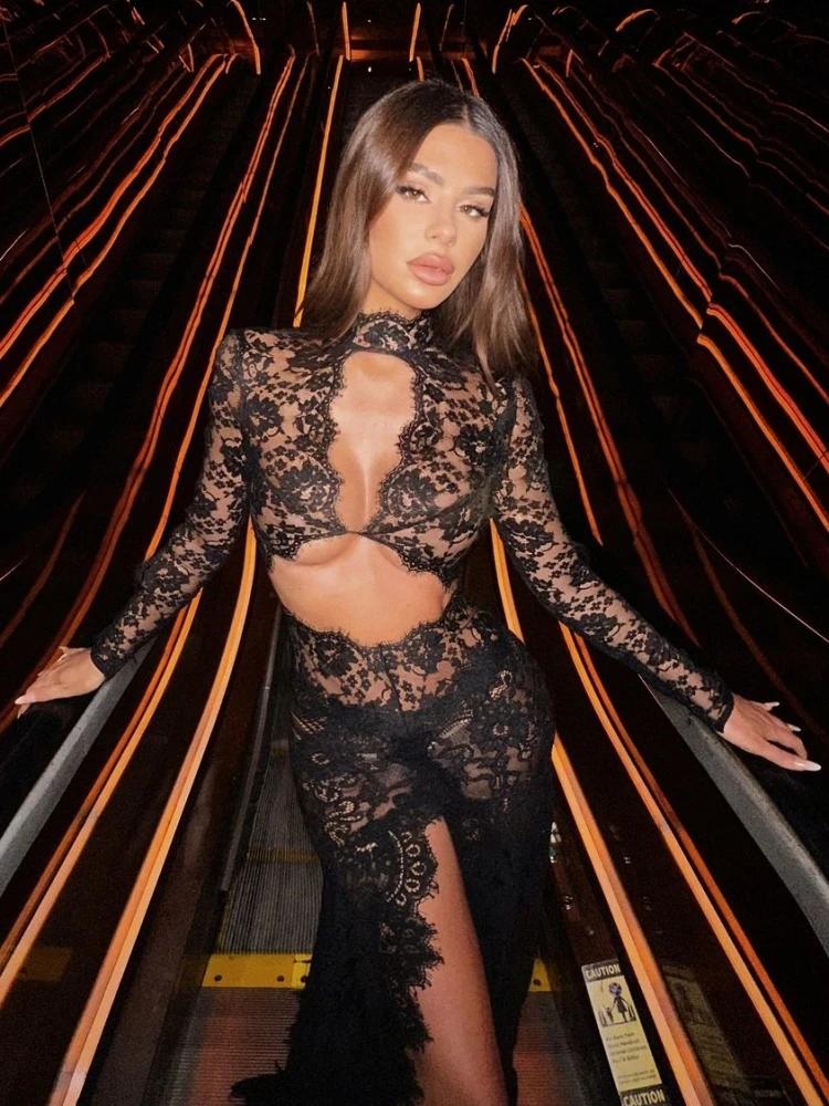 Robe longue en dentelle ajourée pour femmes, Sexy, manches longues, Design, noire, col rond, fendue,