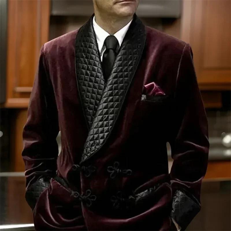 Veste longue imbibée pour homme, blazer imbibé de velours, manteau QueParty, revers châle, mariage,