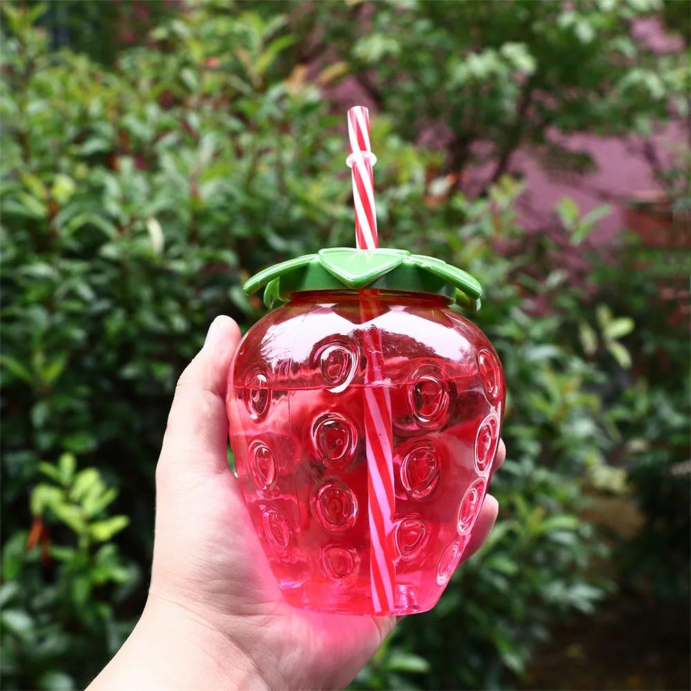 Tasse de paille de fraise 500ml, 1 pièce, dessin animé mignon d'été, qualité alimentaire PP, large A