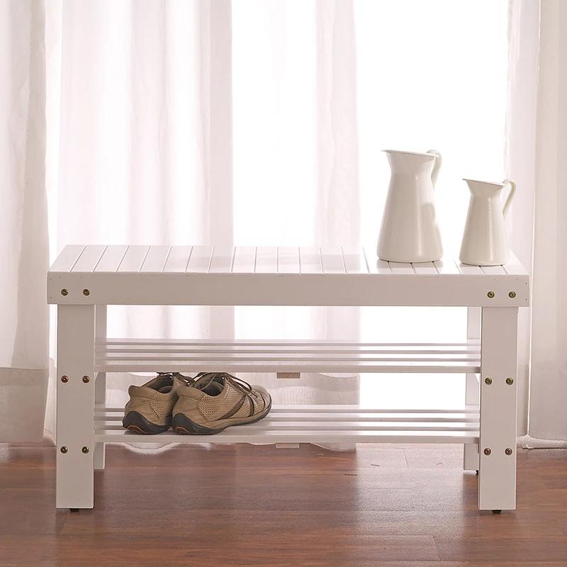 Banc à chaussures en bois massif de qualité Pina, finition blanche sur place