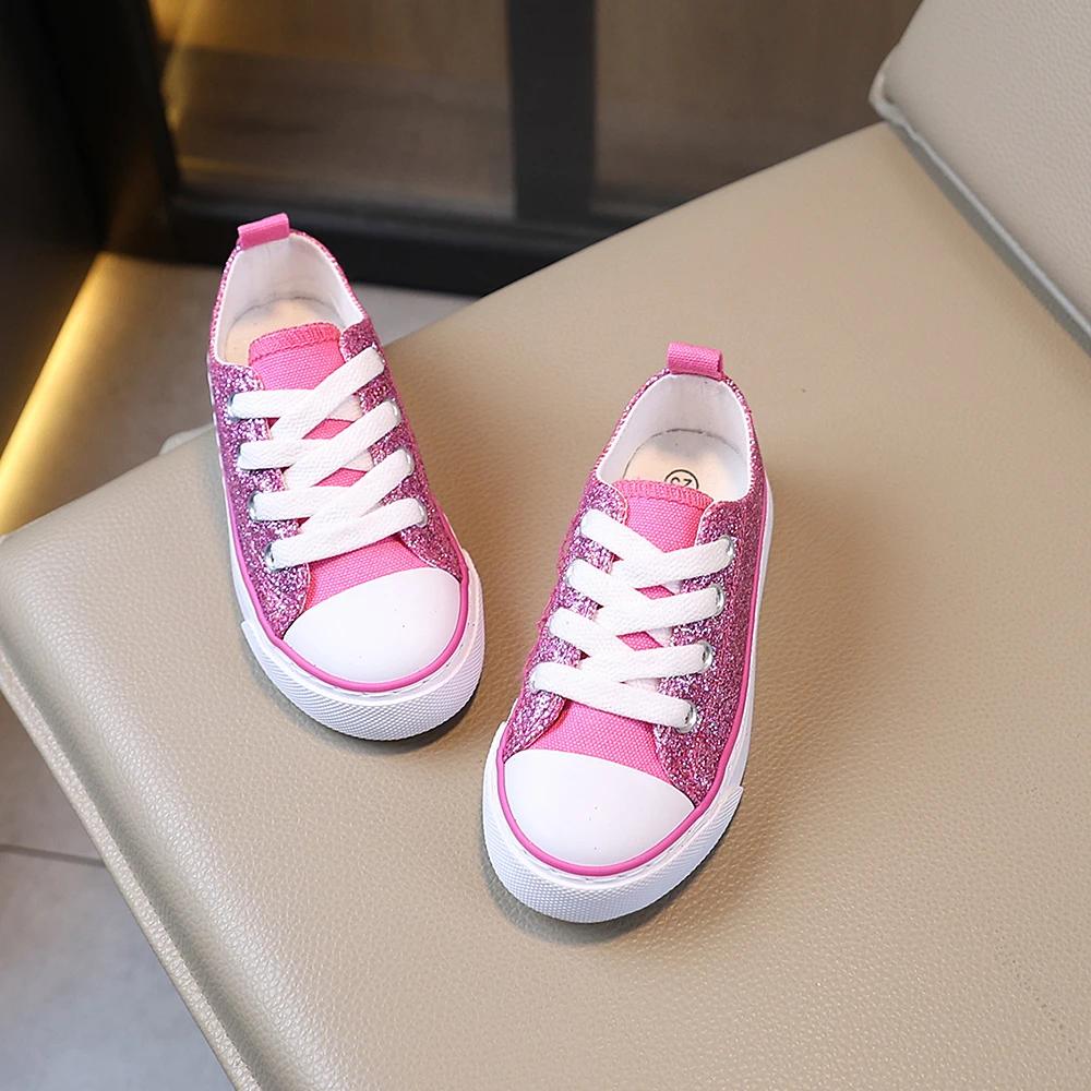 COMFY KIDS – chaussures basses en toile pour filles, Style princesse à paillettes roses, tissu respi