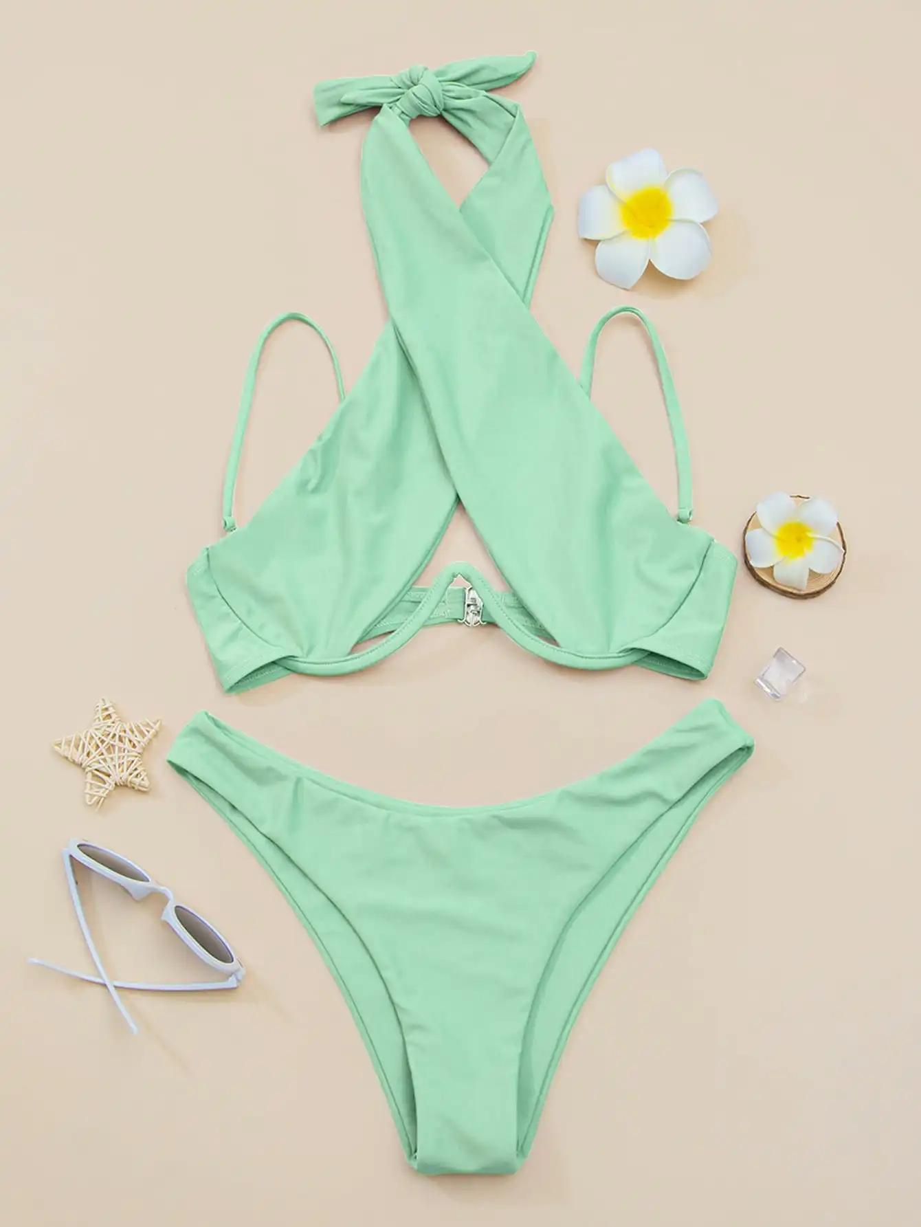 Bikini à bretelles croisées avec armatures 2026 Maillot de bain femme uni Push-up Maillot de bain fé