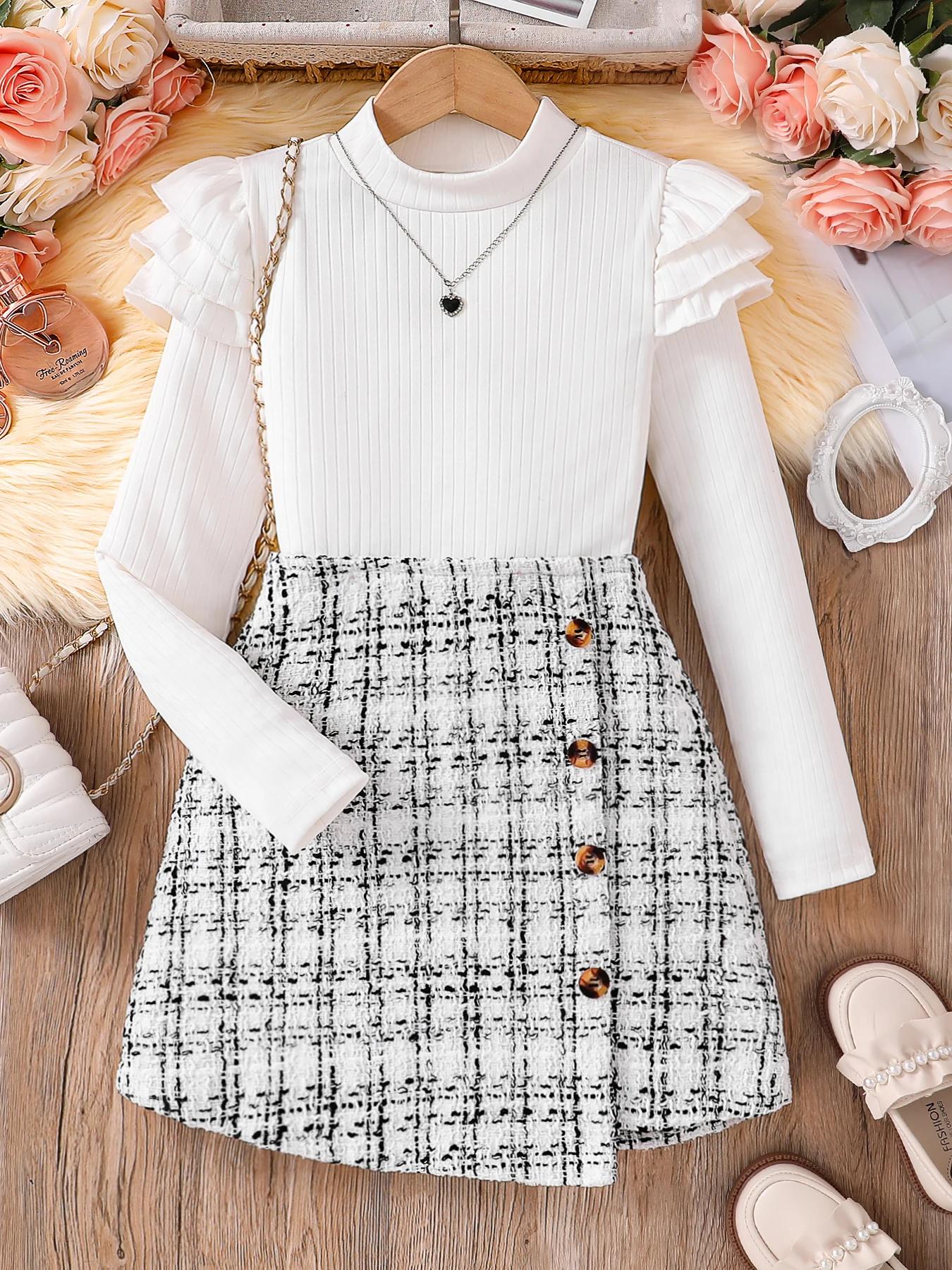 Printemps et automne 2 pièces enfants mode vêtements de sport blanc col haut à manches longues haut