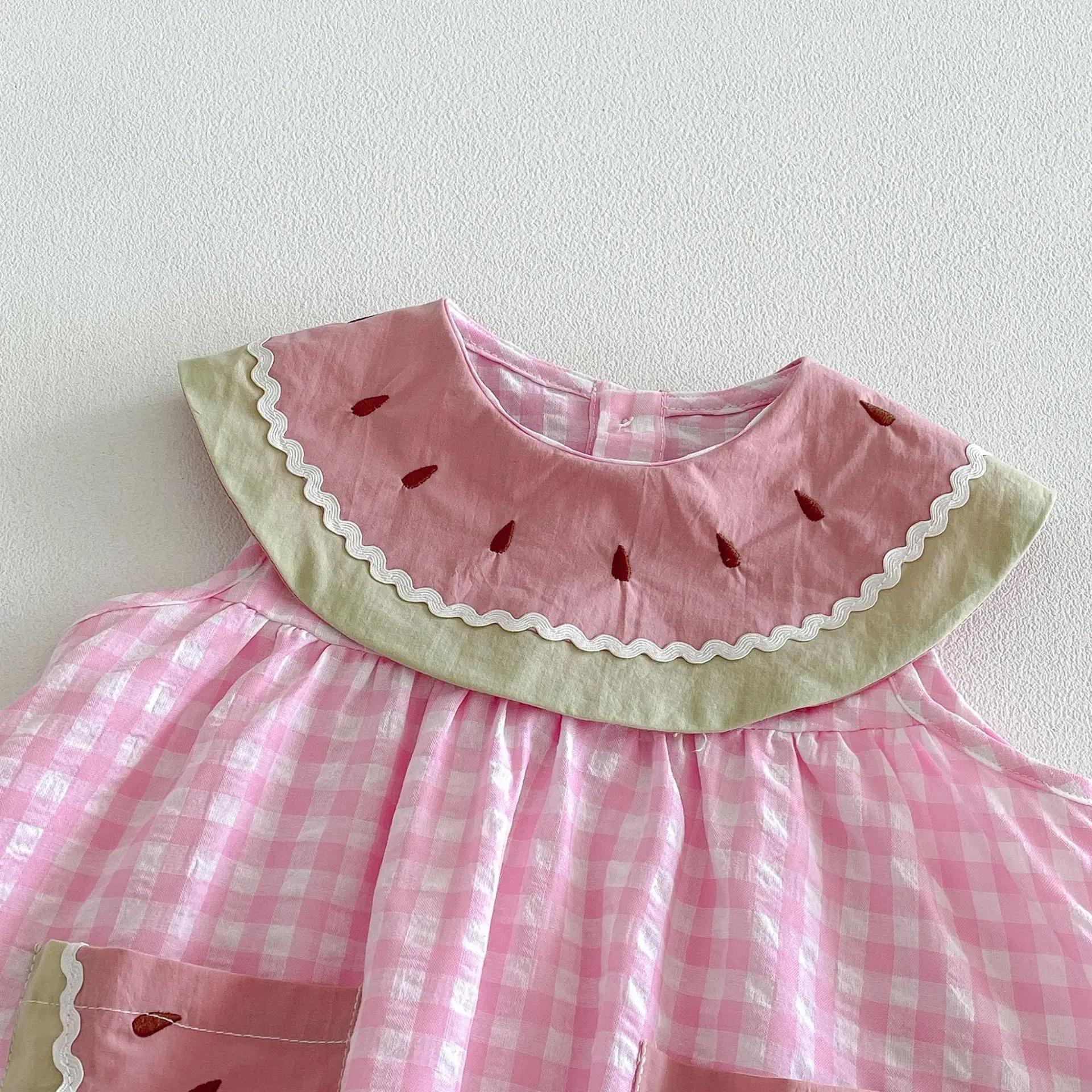 Nouvelle Robe d'été 2026 pour Enfants, Style Doux, Rose à Carreaux Pastèque, Sans Manches, Légère, V