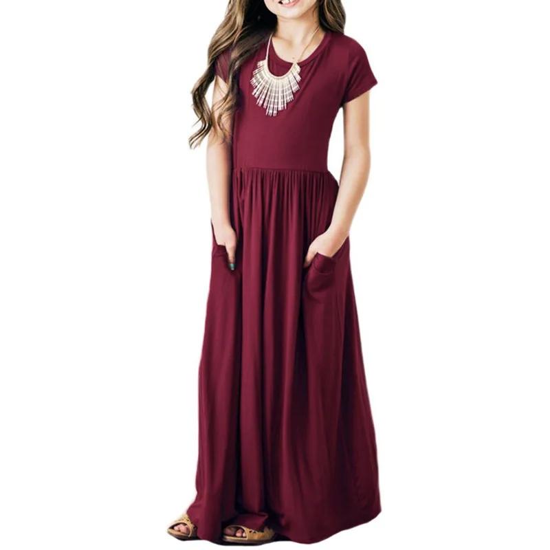 Robe longue d'été pour filles, couleur unie, manches courtes, plage, fête d'anniversaire, décontract