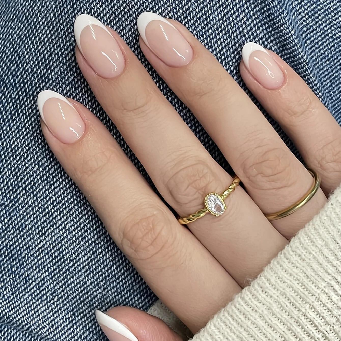 24 pièces-ongles en amande à bordure blanche française-ensemble de Nail Art blanchissant avec faux o
