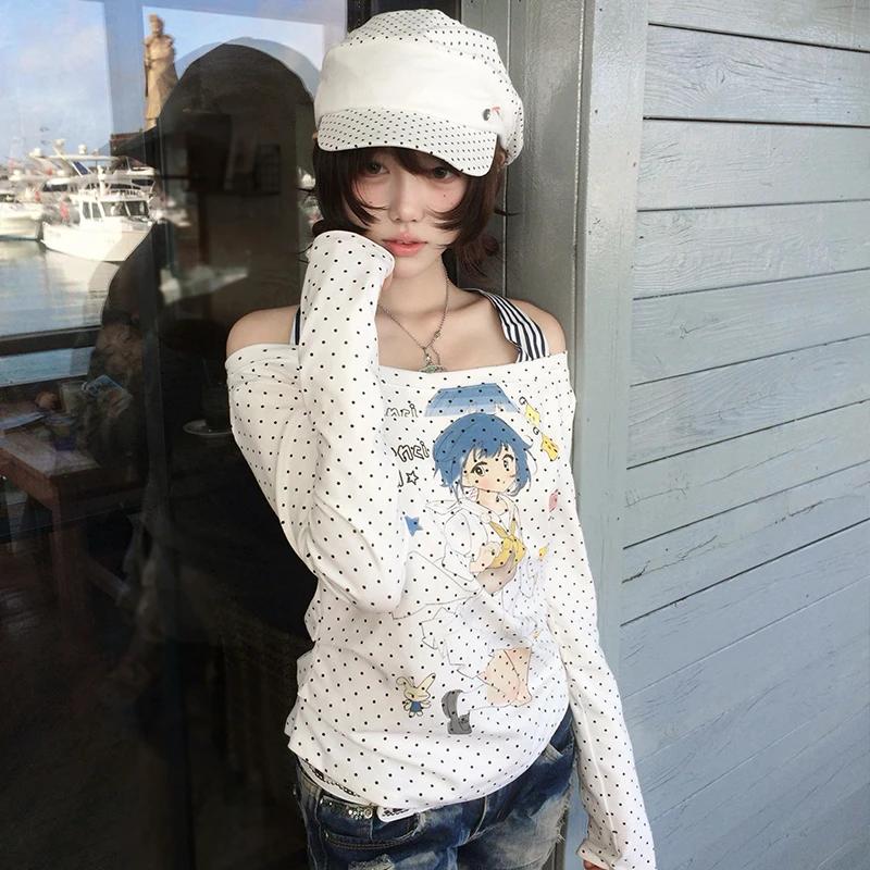 Karrram japonais Y2k Anime imprimé T-shirt 2000s Cutecore épaules nues hauts Vintage Harajuku à manc