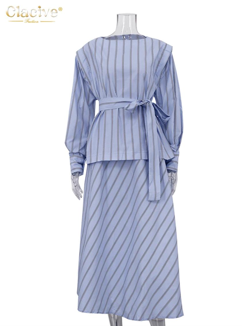 ClacMarkets-Ensemble 2 pièces imprimé à rayures pour femmes, chemise élégante à manches longues, jup