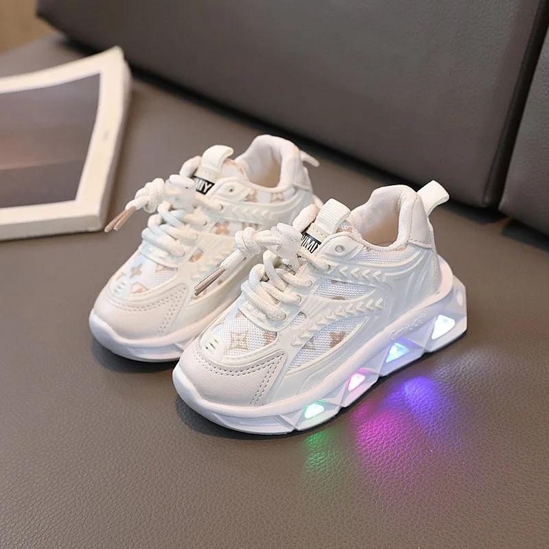 Chaussures en cuir pour bébés, chaussures lumineuses à la mode pour enfants, maille légère, pour pet