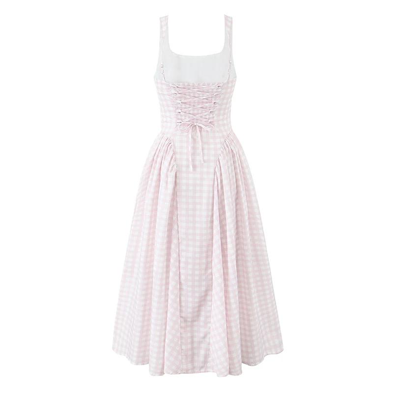 YENKYE à lacets pansement Plaid Robe à bretelles femmes élégant col carré taille basse a-ligne Midi