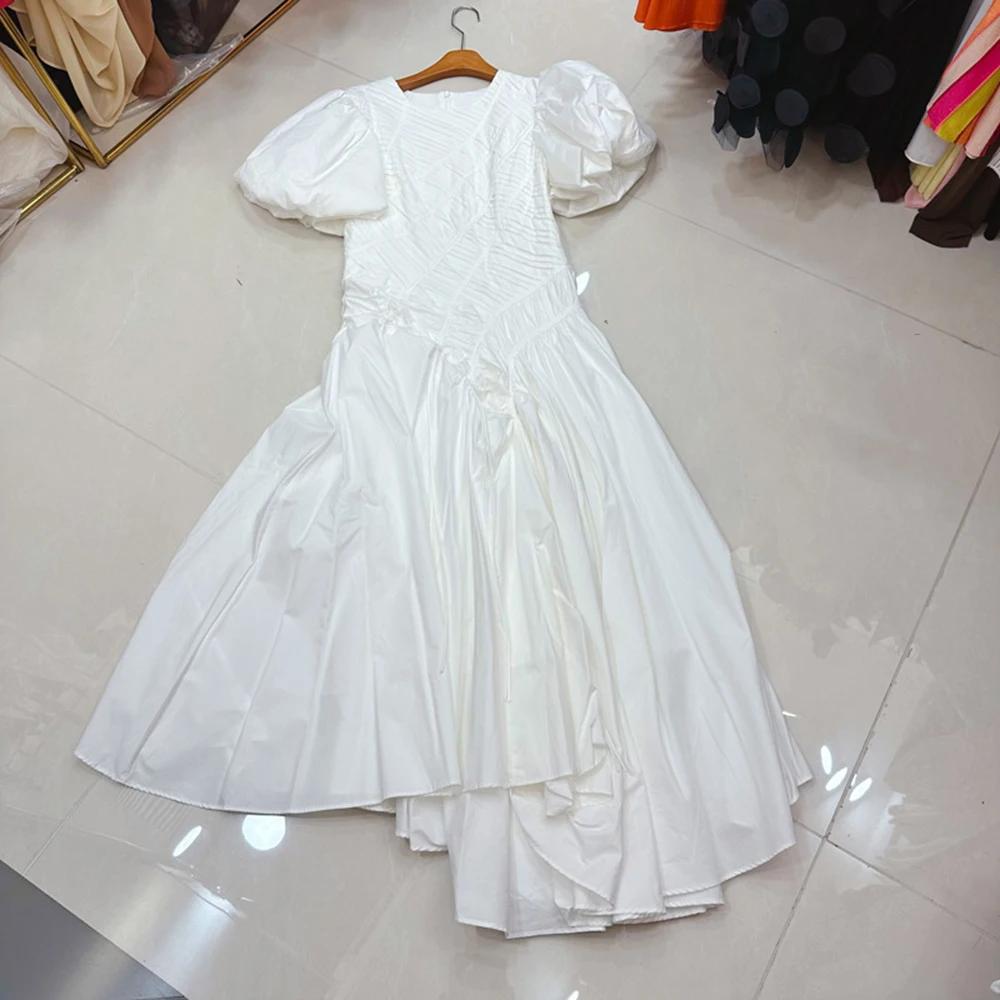 TWOTWINSTYLE tempérament robes solides pour les femmes col rond manches à bulles taille haute décont