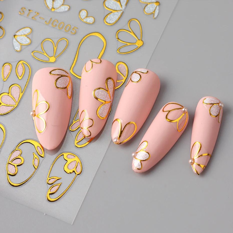 Autocollants pour ongles floraux à paillettes bronzantes 3D, pétales dorés, marguerite blanche, déca