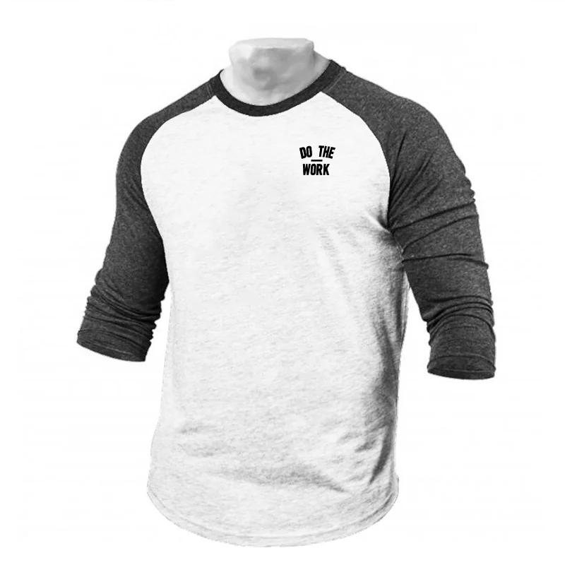 T-shirts de course trois quarts t-shirt hommes printemps automne Patchwork vêtements de sport Fitnes