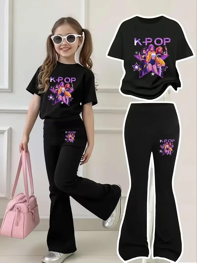 Tenue noire et violette tendance pour filles de 4 à 12 ans : T-shirt à manches courtes et pantalon é