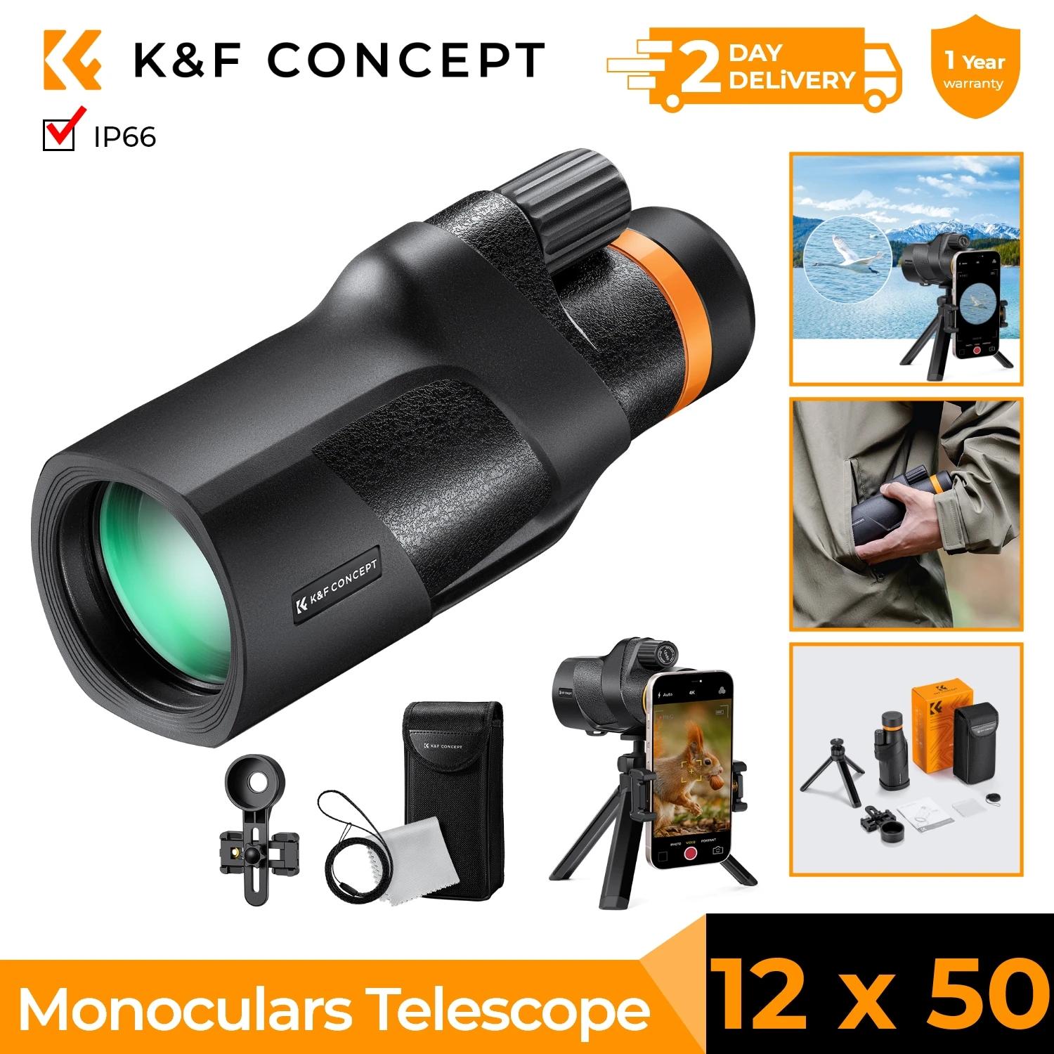 Télescope monoculaire K&F 12X50 étanche IP66 HD BAK4 pour observation oiseaux chasse voyage