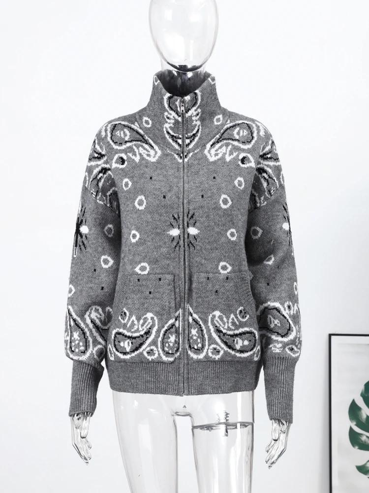 Cardigan Jacquard Printemps à Col Montant pour Femme, Manteau Chic à Manches Longues avec Fermeture
