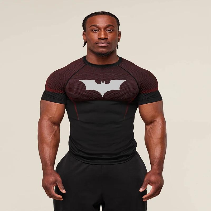 T-shirts de compression à motif chauve-souris pour hommes, manches courtes, anti-UV, pour la gym, l'