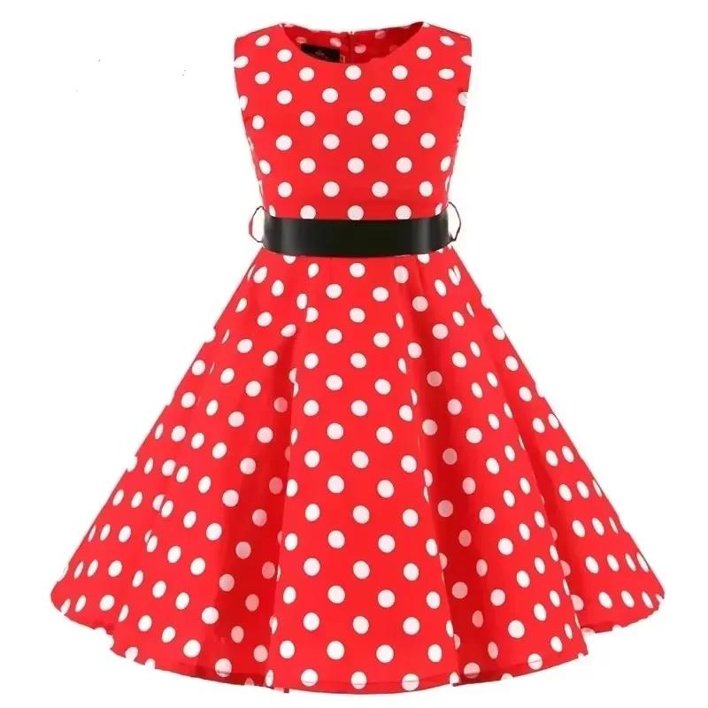Robes en coton à pois vintage rétro pour filles, robes trapèze, jupe plissée, longueur genou, robe d