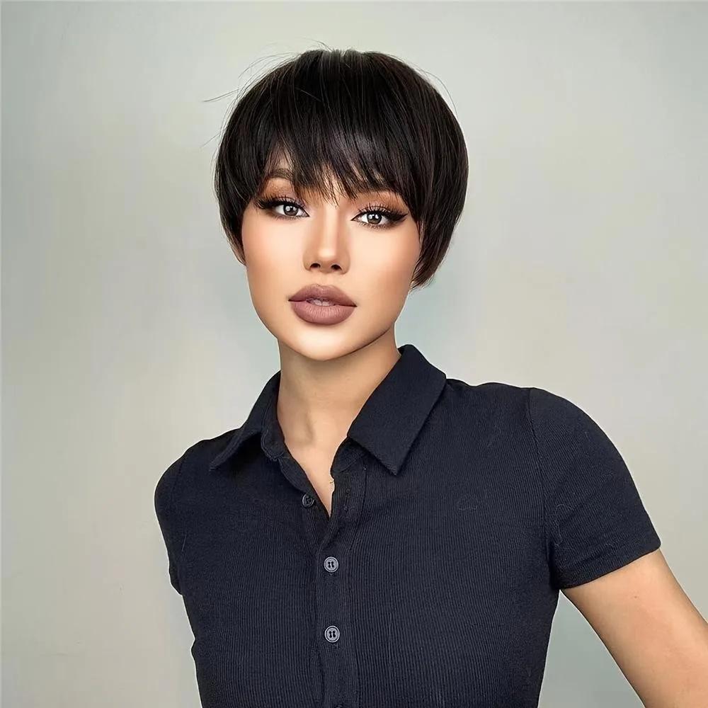 Perruques pour femmes fibre synthétique courte droite bandeau de cheveux frange noir brun cheveux co