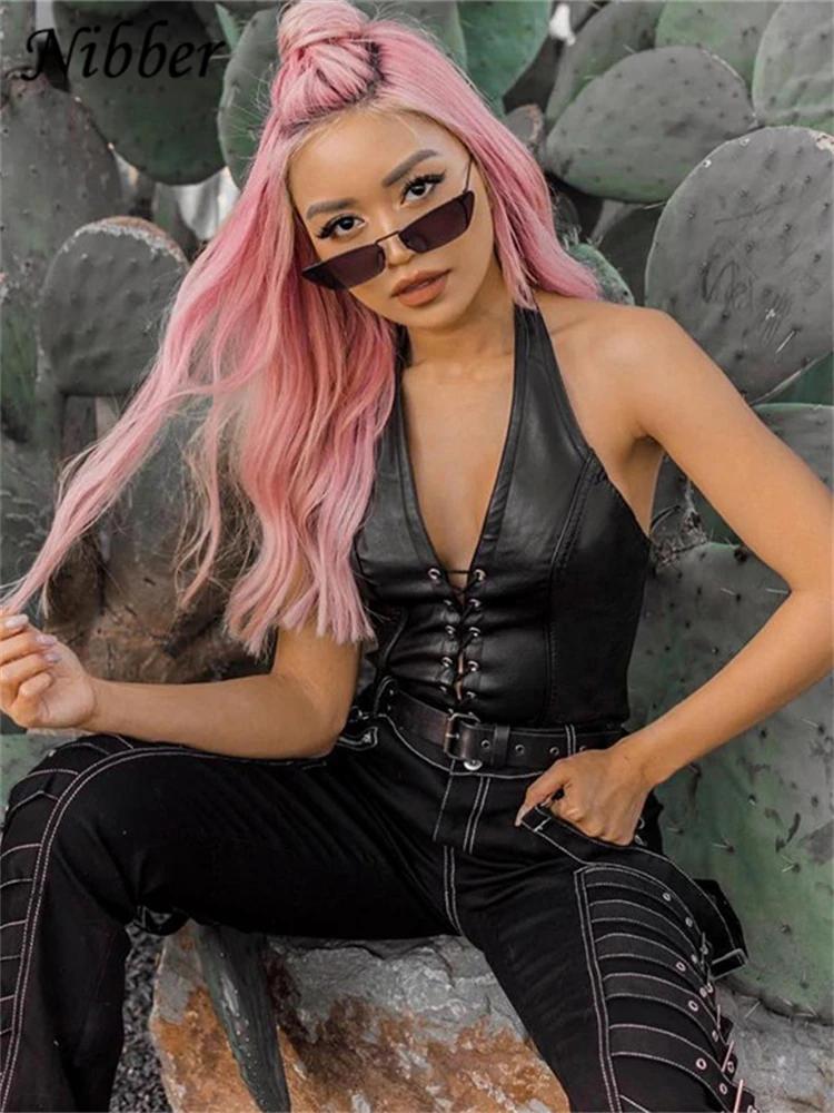 Nibber – haut court en cuir PU noir pour femmes, Sexy, Punk Y2K, dos nu, Camisole, gilet d'été, mode