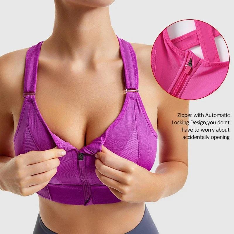 Soutien-gorge sport femme fermeture éclair avant - Yoga antichoc rembourré sans coutures sans fil
