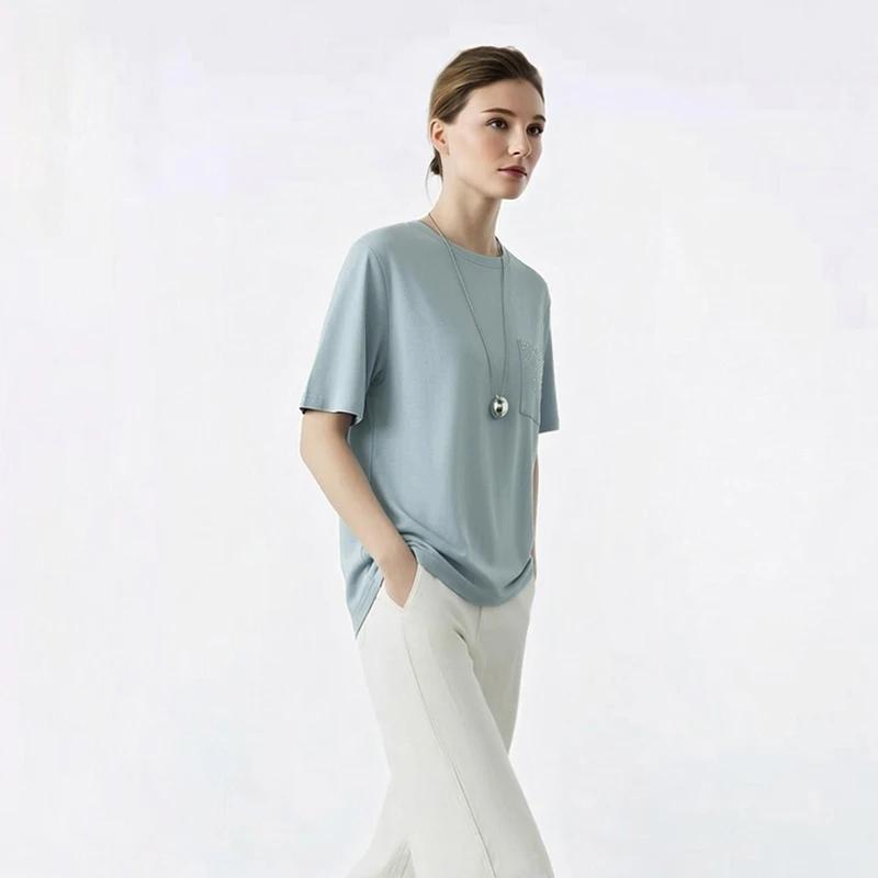 T-shirt Amii pour femme, nouvelle collection été 2026, col rond, en coton extensible, avec poche orn