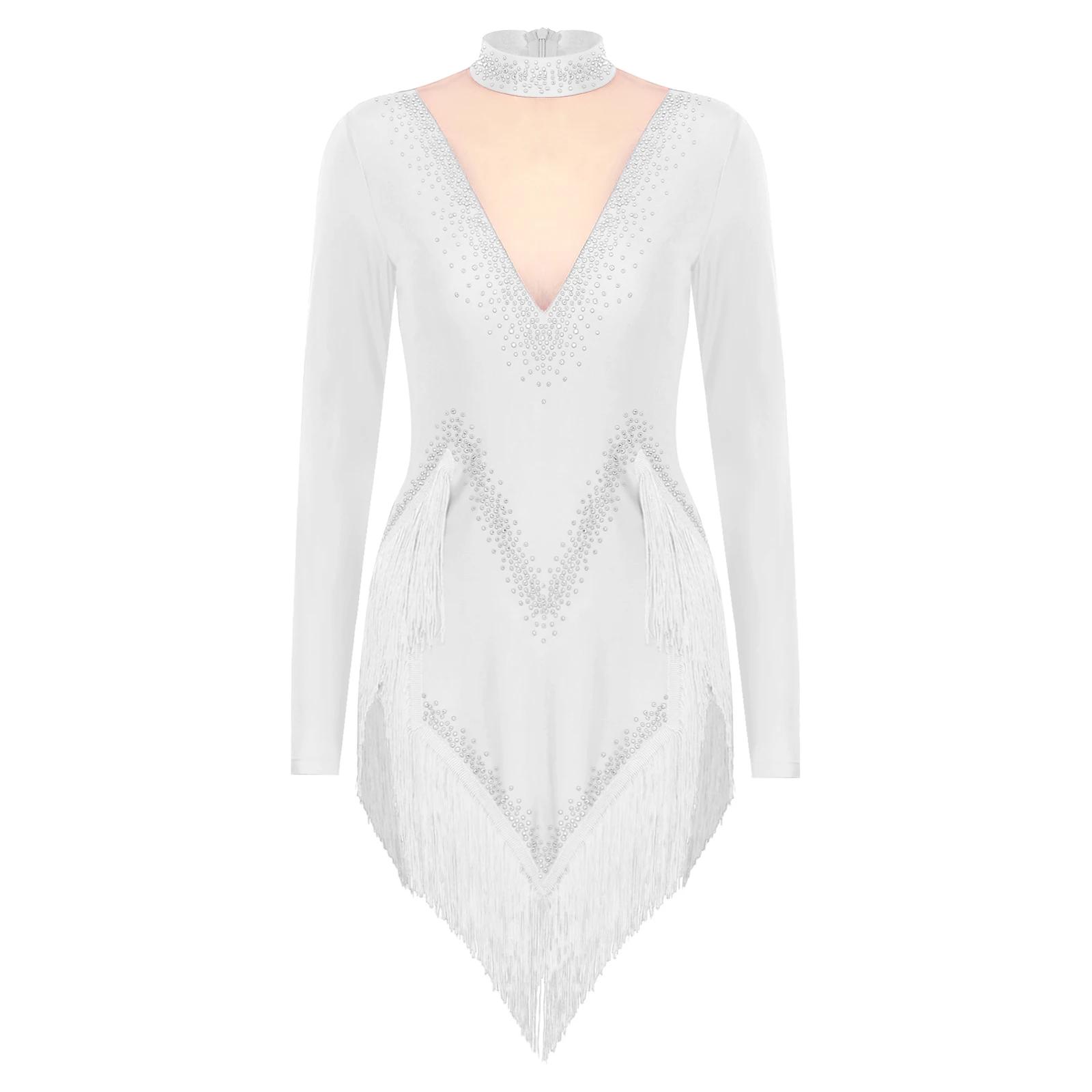 Body de danse latine à franges pour femmes, robe justaucorps à manches longues, vêtements de danse S