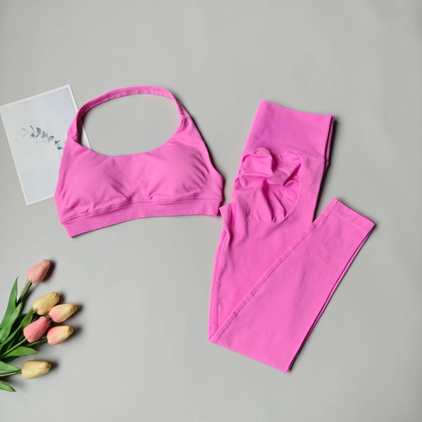 Combinaison de Yoga 2 pièces pour femmes, vêtements de Fitness sans couture, col licou, soutien-gorg
