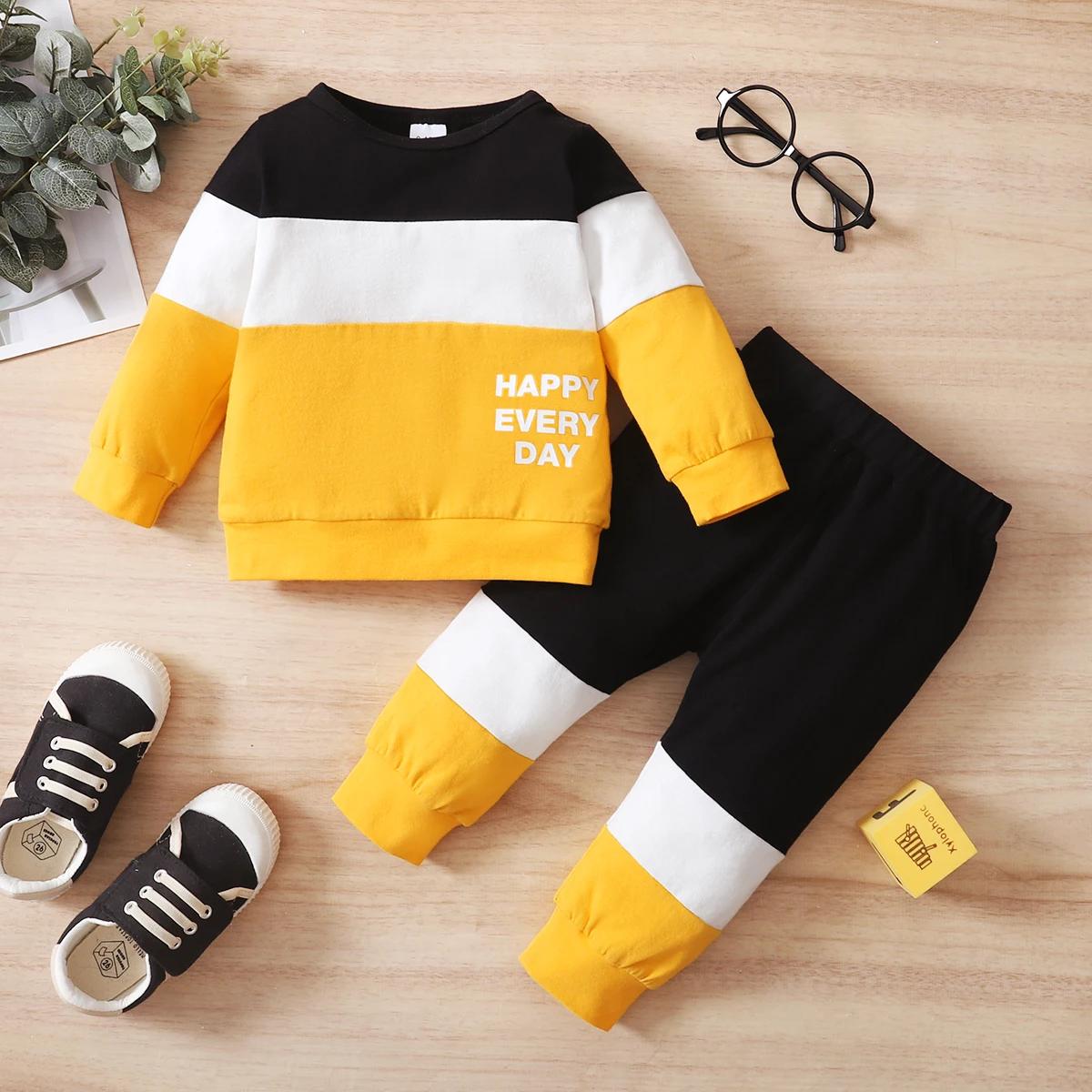 Ensemble de sport à manches longues et pantalon pour bébé, col rond, bloc de documents, 0-24 mois, a