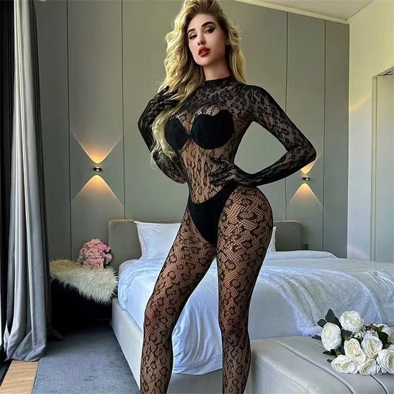 Femmes Sexy léopard évider maille body résille Lingerie à manches longues voir à travers body combin