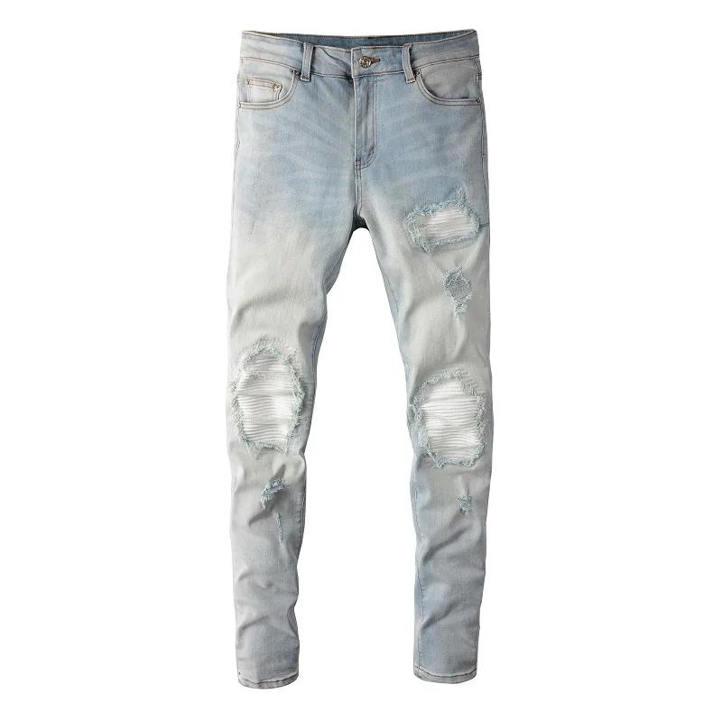 Jean de motard bleu clair pâle pour hommes, Patch plissé craquelé, pantalon en Denim extensible, Str
